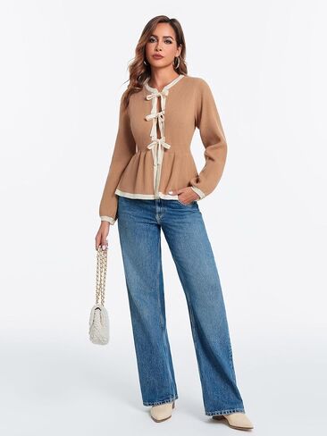 BZB التعادل الجبهة سترة البلوزات للنساء اللون كتلة نفخة الأكمام بيبي دول محبوك بالأزرار الخريف ملابس خارجية in Kuwait