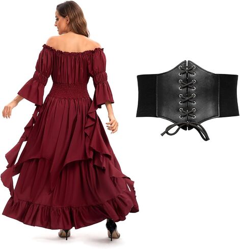 Renaissance Dress Costume for Women Medieval Pirate Dress Outfit with Belt for Halloween Party in Saudi Arabia