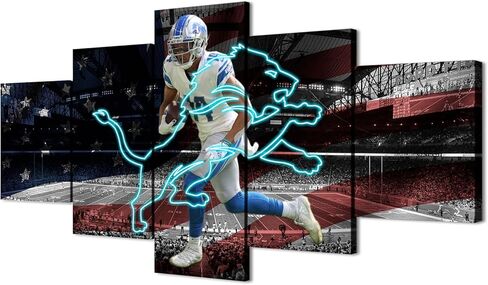 (60 × 100 سم / 5 قطع) ملصق مطبوع على القماش بإطار - استاد ديترويت فيلد لكرة القدم الأمريكية مع شارة أسد نيون - لوحة فنية جدارية رياضية أصلية باللونين الأبيض والأسود لديكور المنزل والمكتب in Kuwait