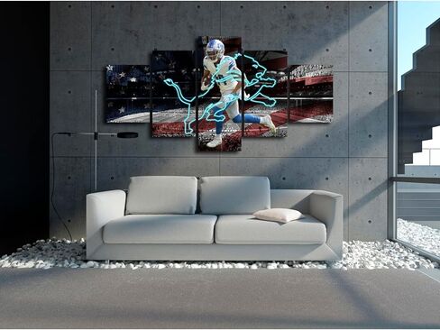 (60 × 100 سم / 5 قطع) ملصق مطبوع على القماش بإطار - استاد ديترويت فيلد لكرة القدم الأمريكية مع شارة أسد نيون - لوحة فنية جدارية رياضية أصلية باللونين الأبيض والأسود لديكور المنزل والمكتب in Kuwait