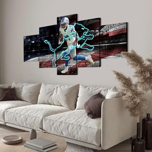 (60 × 100 سم / 5 قطع) ملصق مطبوع على القماش بإطار - استاد ديترويت فيلد لكرة القدم الأمريكية مع شارة أسد نيون - لوحة فنية جدارية رياضية أصلية باللونين الأبيض والأسود لديكور المنزل والمكتب in Kuwait