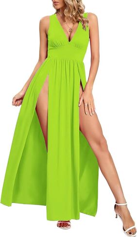SILUI Women's Summer 2025 Sexy Double High Slit Deep V Neck Plus Size Sundresses Thigh Split Maxi Club Party Dresses in Saudi Arabia