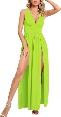 SILUI Women's Summer 2025 Sexy Double High Slit Deep V Neck Plus Size Sundresses Thigh Split Maxi Club Party Dresses in Saudi Arabia