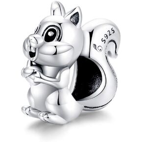 Animal Bead Charm Bracelets for Women Sterling Silver Giraffe Butterfly Unicorn Cat and Dog Charms for Bracelets or Necklace (Squirrel)