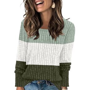 Fall Sweaters for Women Long Sleeve Crewneck Casual Shirts Loose Fit Color Block Tunic Tops(Light Green-White-Olive Green-0,S)