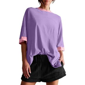 Tankaneo Womens Oversized T Shirts Casual Summer Short Sleeve Color Block Loose Fit Tunic Tops