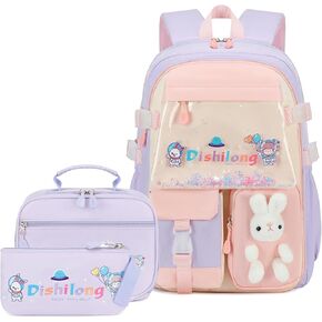 GeeWin School Backpack for Teen Girls, Kawaii Bunny Backpack with Matching Lunch Bag & Pencil Pouch for Kids Elementary Primary Middle School Student, Cute Rabbit Waterproof Bookbag Set (Purple)