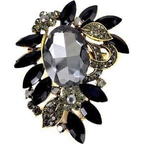 SELOVO Statement Black Rhinestone Crystal Leaf Broach Brooch Pin Antiqued Gold Tone