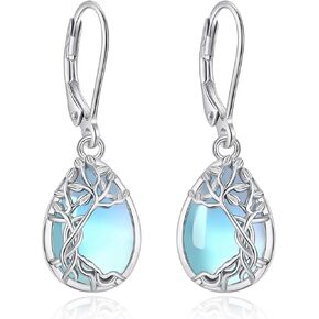 Vito S925 Sterling Silver Dangle Earrings for Women, Turquoise Moonstone Teardrop Tree of Life Filigree Leverback Earrings Dangle Earrings for Daughter Mom