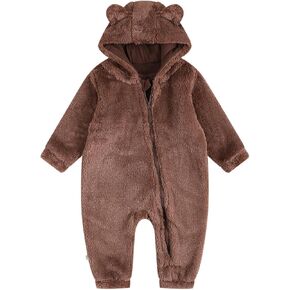 Baby Fleece Snowsuit, Infant Winter Coat, Hooded Long Sleeve Baby Rompers Jumpsuit with Footies