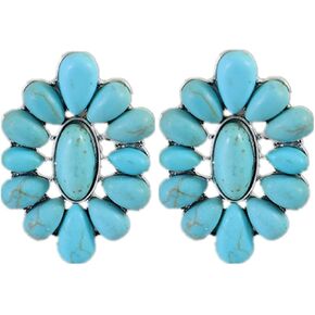 Bohemian Turquoise Oval Flower Drop Dangle Earrings Vintage Geometric Ethnic Teardrop Earrings Western Cowgirl Statement Jewelry