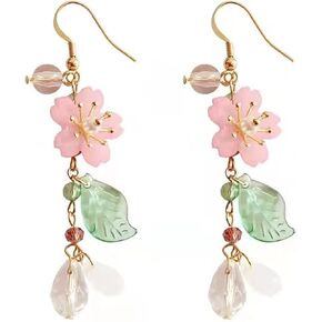 Pink Flower Dangle Earrings for Women Cute Cherry Blossoms Earrings Pearl Leaf Sakura Floral Drop Earrings Fairy Earrings Floral Tassel Earrings Summer Holiday