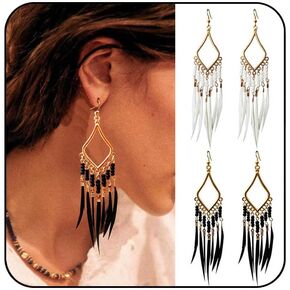 Black and White Feather Earrings Boho Earrings Set Bohemian Bead Tassel Dangle Earring Women Jewelry for Birthday Party Gifts