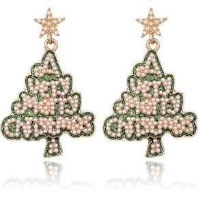 Green Christmas Tree Earrings Elegant Pearl Xmas Drop Earrings for Women