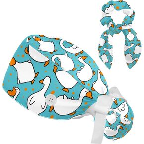 Women’s Working Cap with Button and Ribbon Tie,Flower Pattern Long Hair Cover Cap with Hair Band