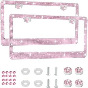 Amiss Bling License Plate Frame for Women, 1Pack Rhinestone Handcrafted Crystal Premium Stainless Steel, Stainless Steel Car Accessories with Diamond Sparkle Glitter Caps (Pink)