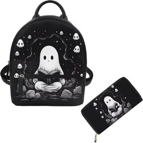 Showudesigns Cute Ghost Backpack Purse for Women Mini Backpacks Leather Shoulder Bags for Travel Work Handbag Waterproof Backpacks Purse and Wallet Set Small Pouch 2 Pack