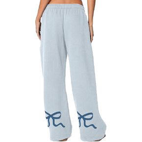 Women Bow Graphic Print Sweatpants High Elastic Waist Straight Leg Fleece Lined Lounge Sweat Pants Wide Leg Joggers