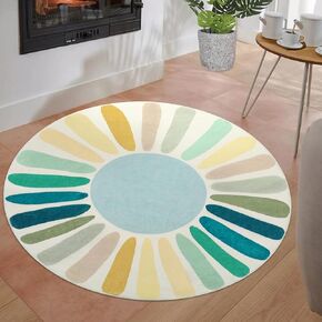 Washable Round Rug 3 Ft Small Circle Carpet Non-Slip Soft & Non-Shedding Boys Girls Baby Play Mat Modern Colorful Sunhine Print Floor Mat for Bedroom Nursery Room Playroom Living Room, Blue