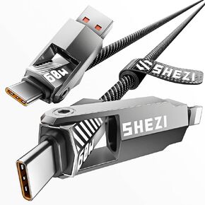 SHEZI [Upgraded 4 in 1 60W 5FT USB C Cable Lightning Cable, Nylon Braided Fast Charging iPhone iPad Charger Cord [480Mbps Data Sync],Multi Charging Cable with Lightning/Type C/USB A Port, Grey