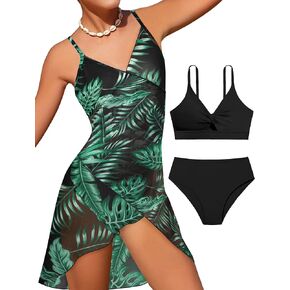 Girls Swimsuits 3 Piece Tropical Print Bathing Suits Twist Cross Bikini Set with Backless Wrap Dress Cover Up