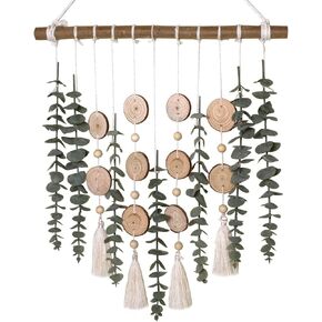 Boho Home Decor Artificial Eucalyptus Plant Wall Hanging Decor, Living Room Farmhouse Fake Greenery Leaves Decoration with 16.5" Wooden Stick for Rustic Home Decoration