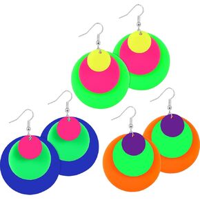 Hicarer 3 Pairs 80s 90s Neon Earrings for Women Retro Pendant Acrylic Drop Dangle for 80's Outfit Glow Party Accessories(Many Color,Solid Round)