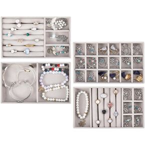 SUNNYCLUE Set of 4 Stackable Jewelry Tray Jewelry Organizer Trays Velvet Grey Showcase Display with Removable Divider Drawers Storage Boxes for Necklaces Bracelets Earrings Rings Holder Accessories
