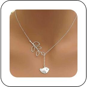 Boho Bird Branch Lariat Necklace Hollow Leaf Choker Necklace Baby Bird Drop Necklace Olive Branch Necklace Silver Leaf Necklace Chain Small Bird Y Necklace Mother's Necklace Jewelry for Women