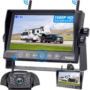 Rohent RV Backup Camera Wireless HD1080P 2 Cameras with 7 Inch Touch Key DVR Monitor Stable Digital Signals Rear View Camera System IP69K Waterproof Pigtail Wire Adapter for Furrion Pre-Wired RVs R8