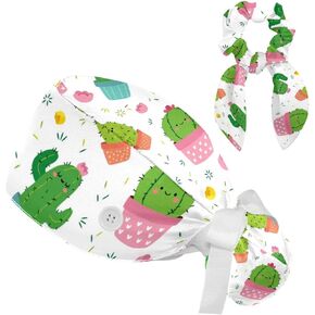 Cartoon Cactus Potted Plant Floral Pattern Scrub Cap with Scrunchy and Buttons for Long Hair, Adjustable Working Hat Ponytail Hats for Women