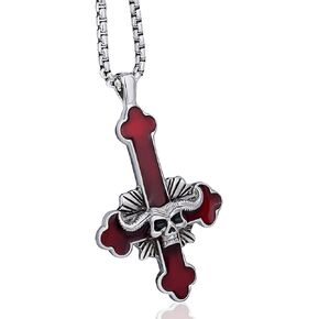 Stainless Steel Inverted Cross Necklace for Men Women Red The Devil's Cross Satanic Upside Down Cross Pendant Chain Gothic Skull Jewelry 20", 24"