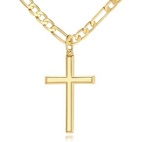 14k Gold Cross Necklace for Men Large Gold Cross Pendant Figaro Chain for Mens Gold Chain 5mm Masculine Appeal 20, 22, 24 Inch