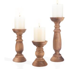 Rustic Wooden Pillar Candle Holders Set of 3, 12'' 9'' 6'' Farmhouse Wood Candle Stand for Table Centerpieces, Vintage Tall Candleholders Fireplace Mantel Decor for Living Room, Grey