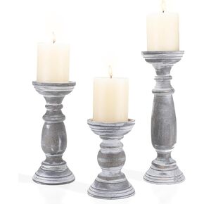 Rustic Wooden Pillar Candle Holders Set of 3, 12'' 9'' 6'' Farmhouse Wood Candle Stand for Table Centerpieces, Vintage Tall Candleholders Fireplace Mantel Decor for Living Room, Grey in Kuwait