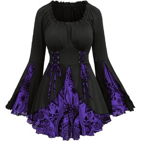 Rosegal Womens Plus Size Flocking Floral Figure Print Lace Up Ruched Ruffles Long Bell Sleeves Flowy 2 in 1 Top