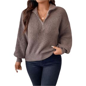 MakeMeChic Women's Plus Size Sweater Half Zip Long Sleeve Drop Shoulder Knitted Pullovers Top