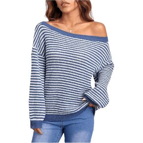WDIRARA Women's Striped Print Off Shoulder Pullover Drop Shoulders Bishop Long Sleeve Sweaters