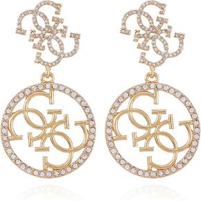 GUESS Goldtone Pave Crystal Glass Stone Logo Drop Statement Earrings