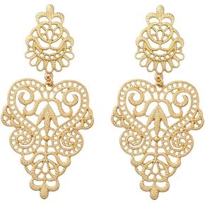 Women's Bohemian Filigree Chandelier Hollow Lace Pattern Statement Wedding Dangle Earrings in Gold