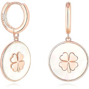 Dangle Hoop Earrings for Women Four Leaf Clover Earrings 925 Sterling Silver Mother of Pearl Earrings, Hypoallergenic Earrings for Sensitive Ears