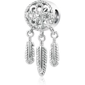 Women Lucky Dreamcatcher Charm Compatible with Pandora Charms Bracelets Feathers Silver Pendant Good Luck Birthday Anniversary