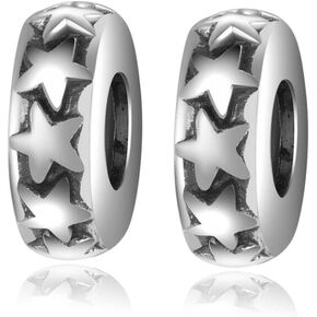 Charm Bracelet Spacer Beads Sterling Silver 2pcs Rubber Stopper Charm Spacer Beads for Pandora Charm Bracelet Compatible with European Charm Bracelet Beads (Star Silver Charm)