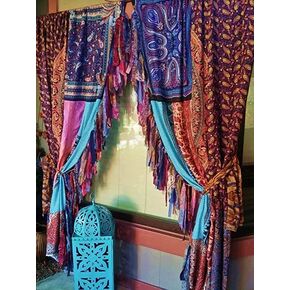 2 PCS Indian Silk Saree Curtain Boho Gypsy Window Treatments Bohemian Wall Hanging Room Decor Curtain (Multi-Color)