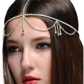 Crystal Head Chain Silver Bride Rhinestone Tassel Hair Chain Wedding Pendant Headpieces Jewelry Pageant Costume Hair Accessories for Women