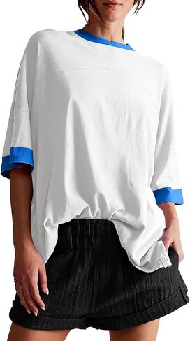 تي شيرت حريمي كبير الحجم من Tankaneo كاجوال صيفي بأكمام قصيرة وكتلة ملونة فضفاضة تناسب التونيك in Kuwait