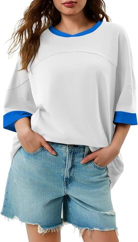 تي شيرت حريمي كبير الحجم من Tankaneo كاجوال صيفي بأكمام قصيرة وكتلة ملونة فضفاضة تناسب التونيك in Kuwait