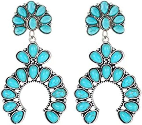 Bohemian Turquoise Oval Flower Drop Dangle Earrings Vintage Geometric Ethnic Teardrop Earrings Western Cowgirl Statement Jewelry in Saudi Arabia