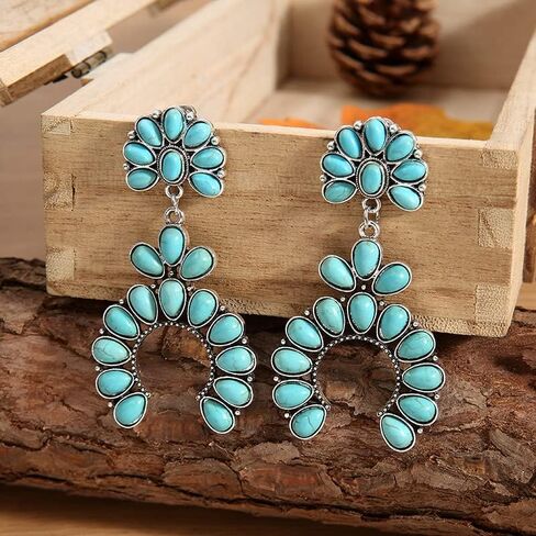 Bohemian Turquoise Oval Flower Drop Dangle Earrings Vintage Geometric Ethnic Teardrop Earrings Western Cowgirl Statement Jewelry in Saudi Arabia