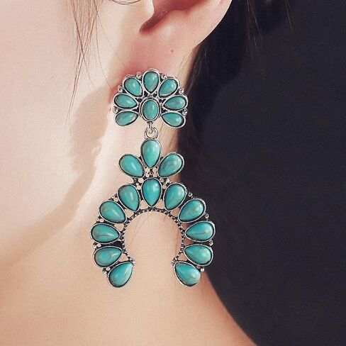 Bohemian Turquoise Oval Flower Drop Dangle Earrings Vintage Geometric Ethnic Teardrop Earrings Western Cowgirl Statement Jewelry in Saudi Arabia